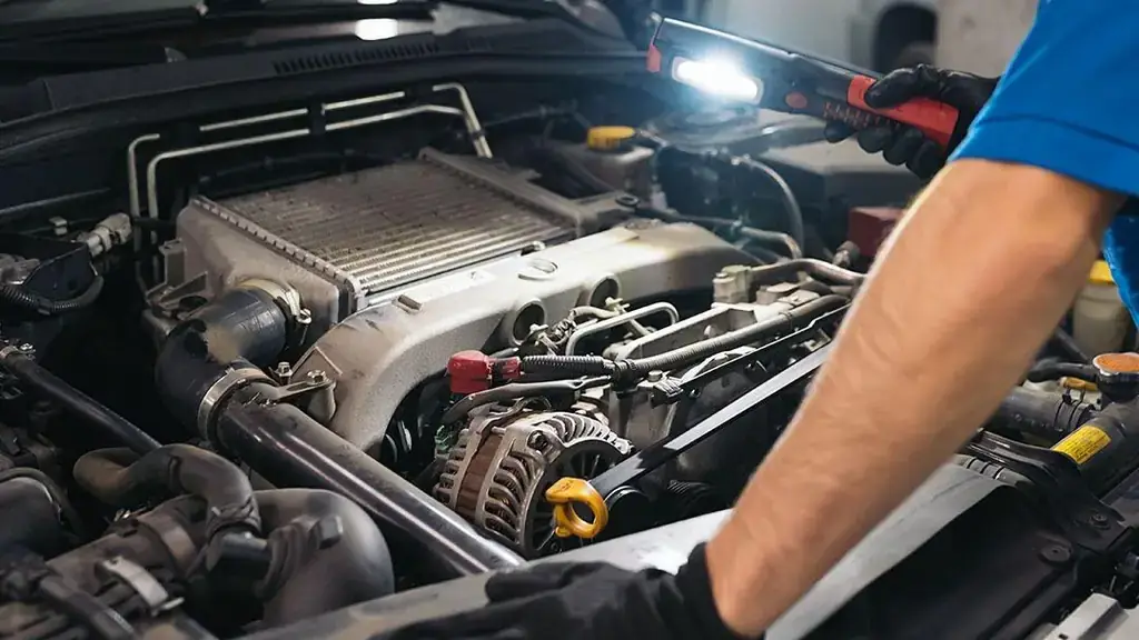 A technician inspecting an engine bay under a work light at Lug Nutz Automotive