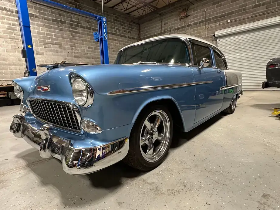 A restored powder blue 1955 Chevrolet Bel Air